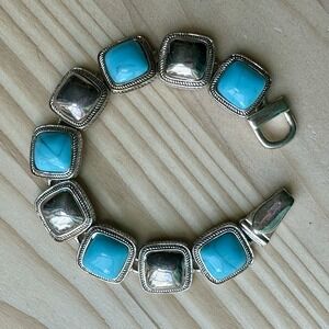 Southwest Link Bracelet‎ Size 7.25 Faux Blue Turquoise 925 Sterling Silver 53.7g